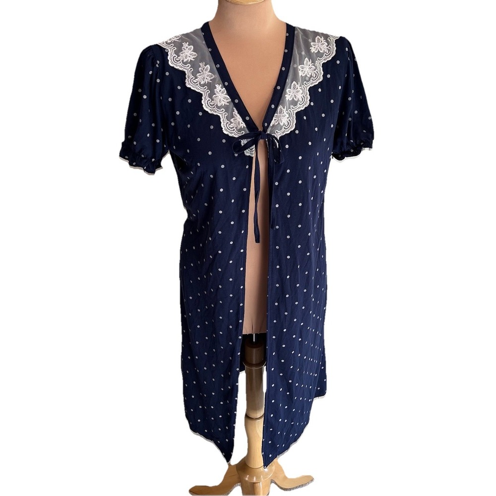 Vintage Joanna Navy & White Polka Dot Robe Peignoir Puff Sleeve‎ Retro